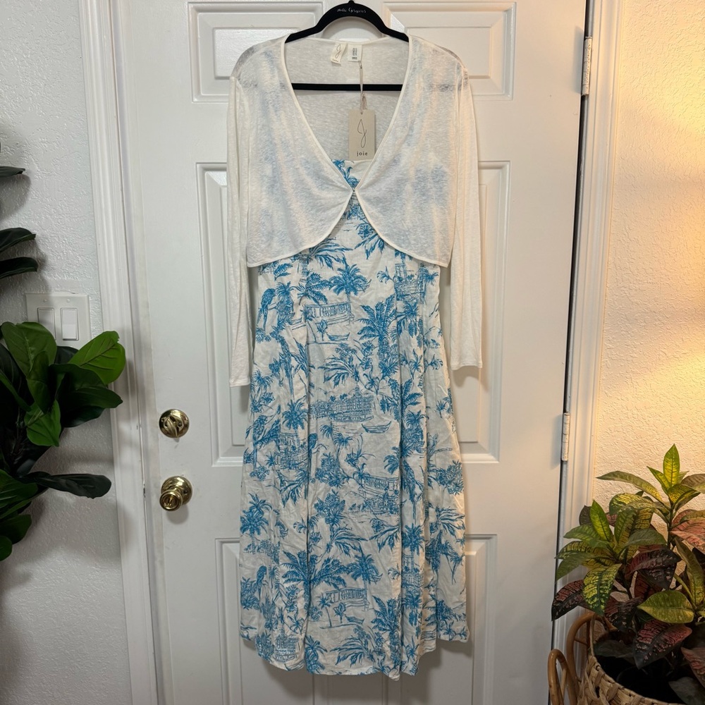 NWT JOIE Dress Shrug Set Blue White Palm-print Toile Linen Cotton Dress Size 12 - Picture 5 of 16